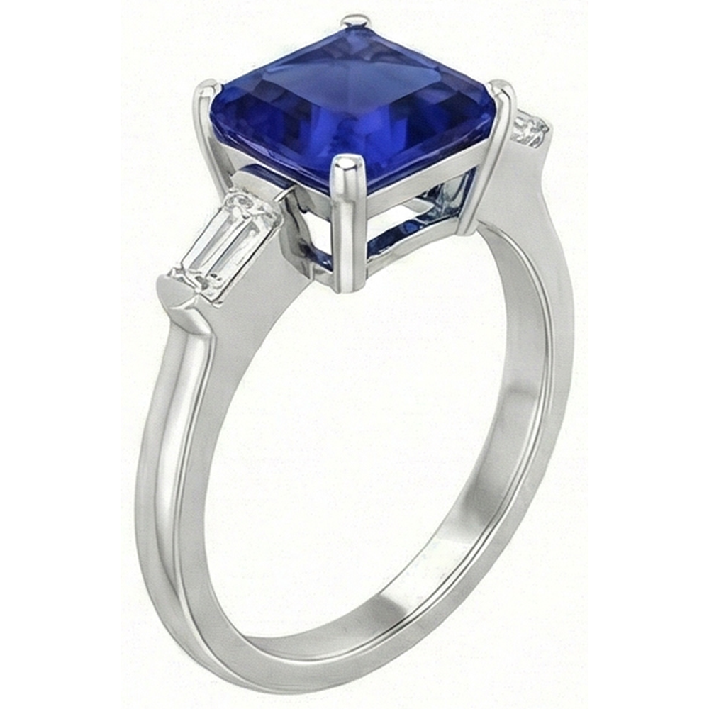 3 pietre baguette anello di diamanti Asscher Ceylon blu zaffiro 4 carati