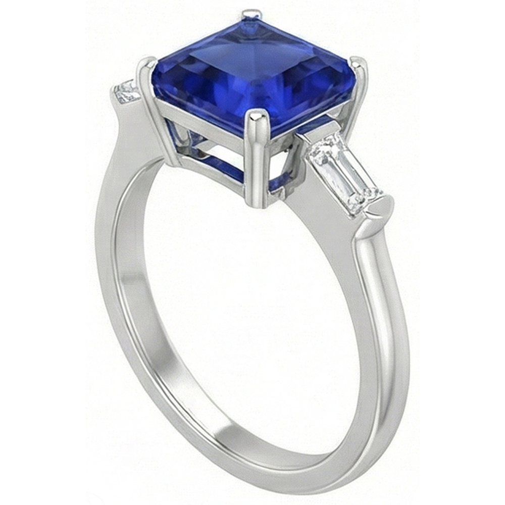 3 pietre baguette anello di diamanti Asscher Ceylon blu zaffiro 4 carati