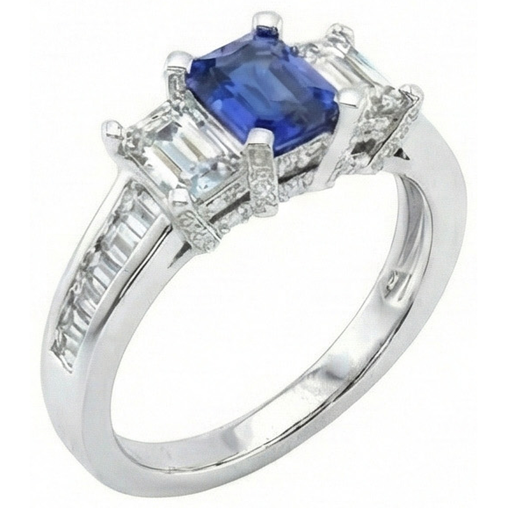 3 pietre smeraldo diamante blu zaffiro anello canale impostato accenti 3 carati