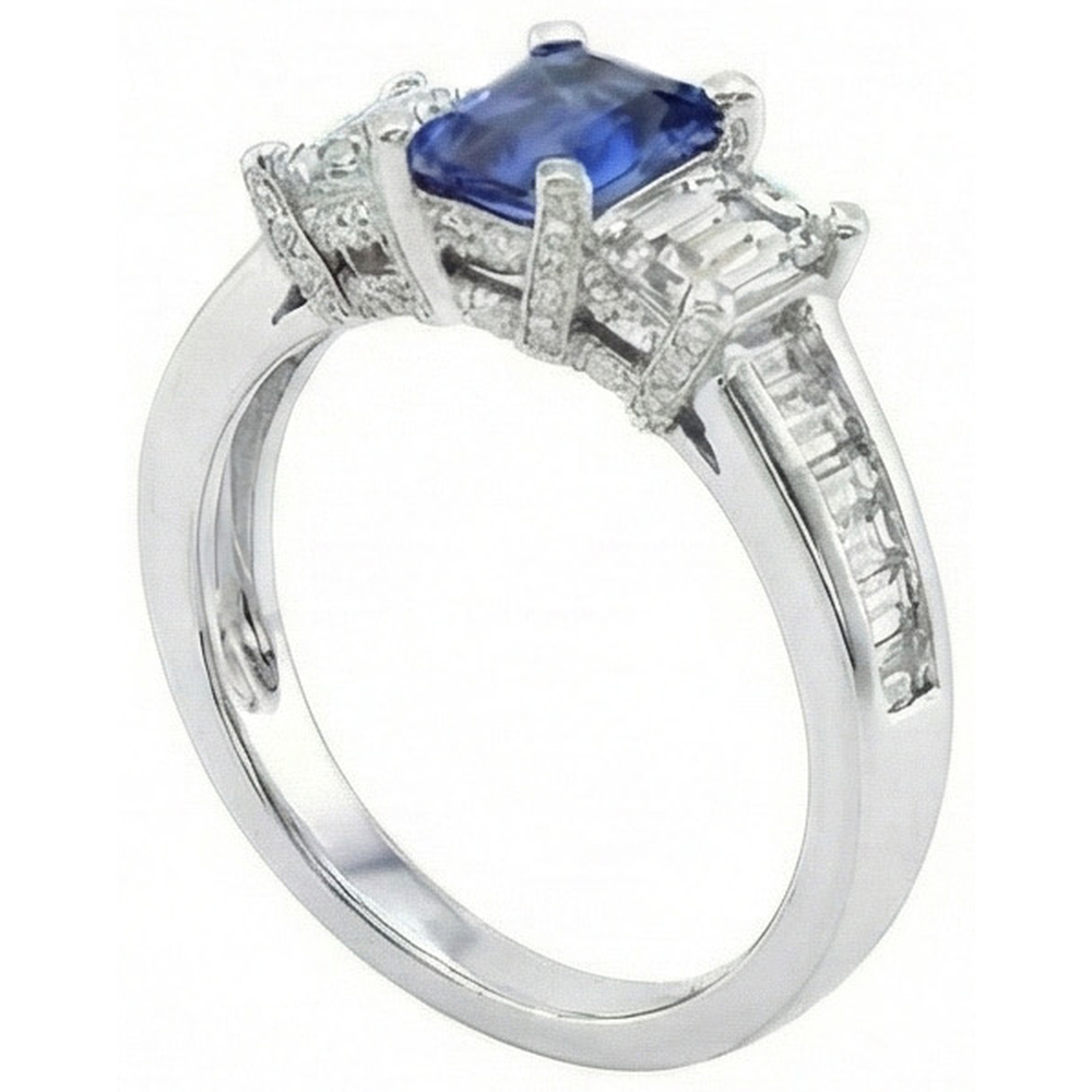 3 pietre smeraldo diamante blu zaffiro anello canale impostato accenti 3 carati