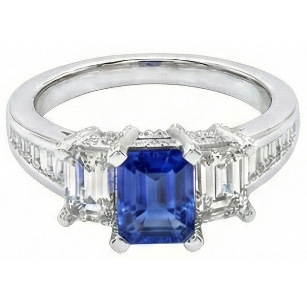 3 pietre smeraldo diamante blu zaffiro anello canale impostato accenti 3 carati
