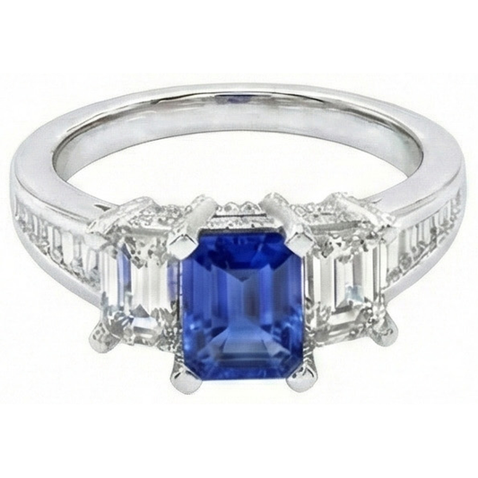 3 pietre smeraldo diamante blu zaffiro anello canale impostato accenti 3 carati
