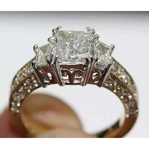 3.65 Carati Stile Vintage Tre Pietre Anello Di Genuino Diamanti Bicolore 14K