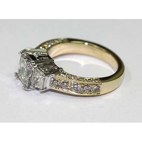 3.65 Carati Stile Vintage Tre Pietre Anello Di Genuino Diamanti Bicolore 14K