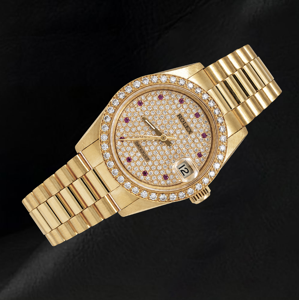 Rolex Datejust 68278 31 mm Orologio con Quadrante Pavé di Diamanti e Bracciale President in Oro 18K