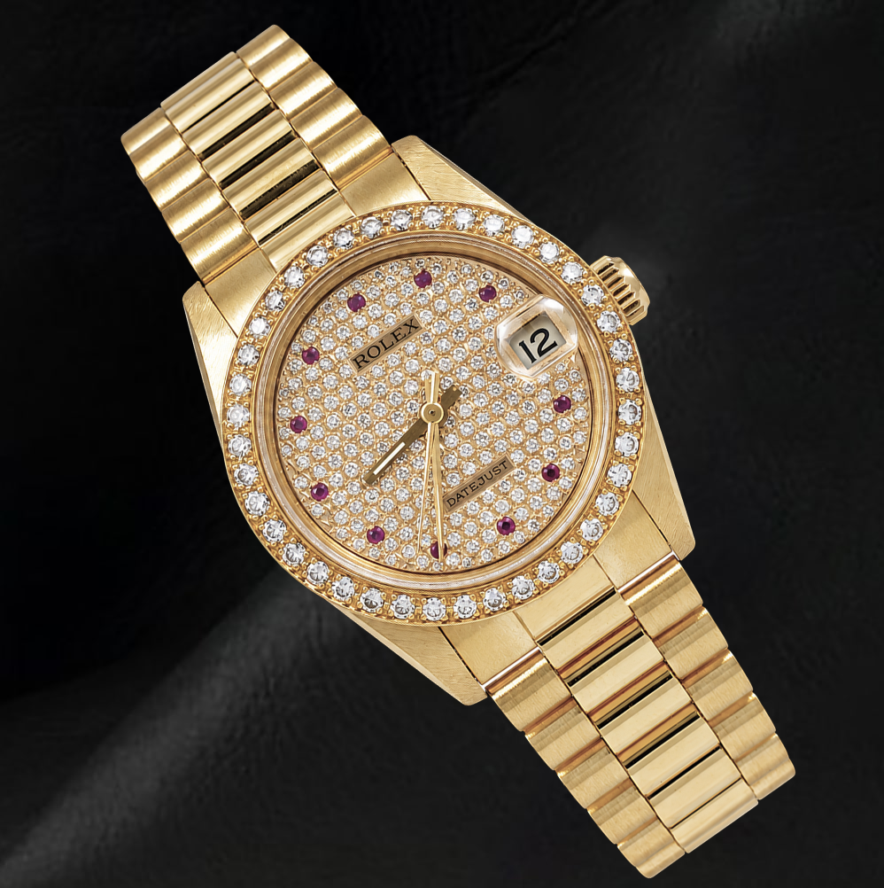 Rolex Datejust 68278 31 mm Orologio con Quadrante Pavé di Diamanti e Bracciale President in Oro 18K