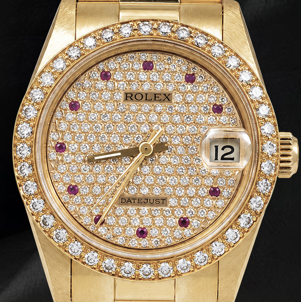 Rolex Datejust 68278 31 mm Orologio con Quadrante Pavé di Diamanti e Bracciale President in Oro 18K