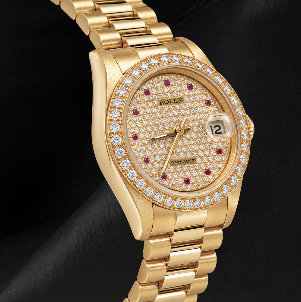 Rolex Datejust 68278 31 mm Orologio con Quadrante Pavé di Diamanti e Bracciale President in Oro 18K
