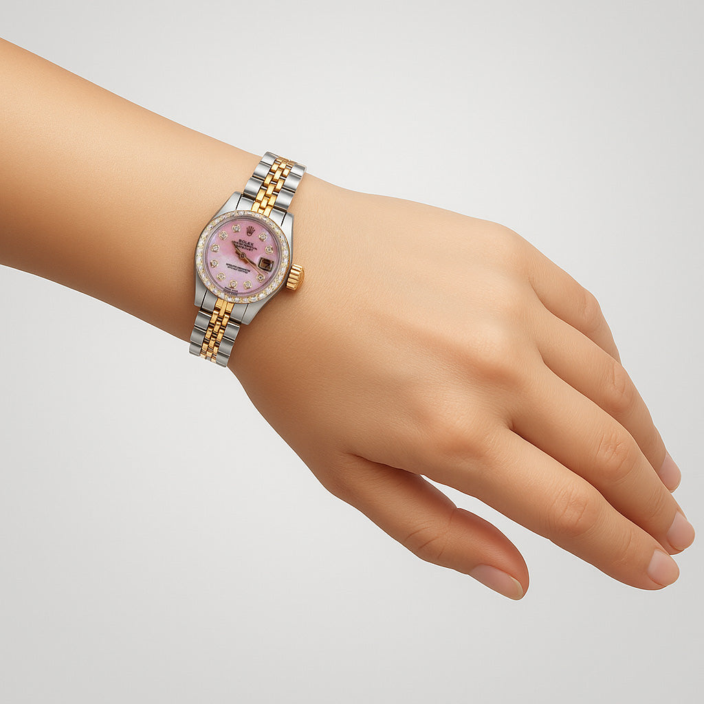 Orologio da donna con quadrante in madreperla rosa e diamanti Rolex Datejust bicolore