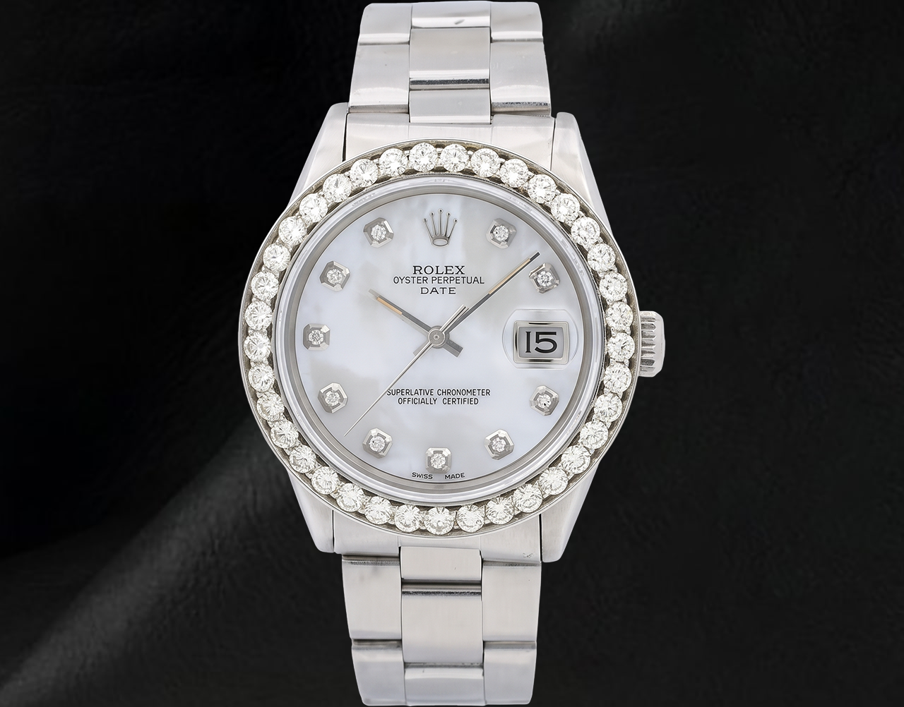 Orologio Rolex 34 mm Bracciale Oyster 1500 Quadrante con Diamanti in Madreperla Bianca