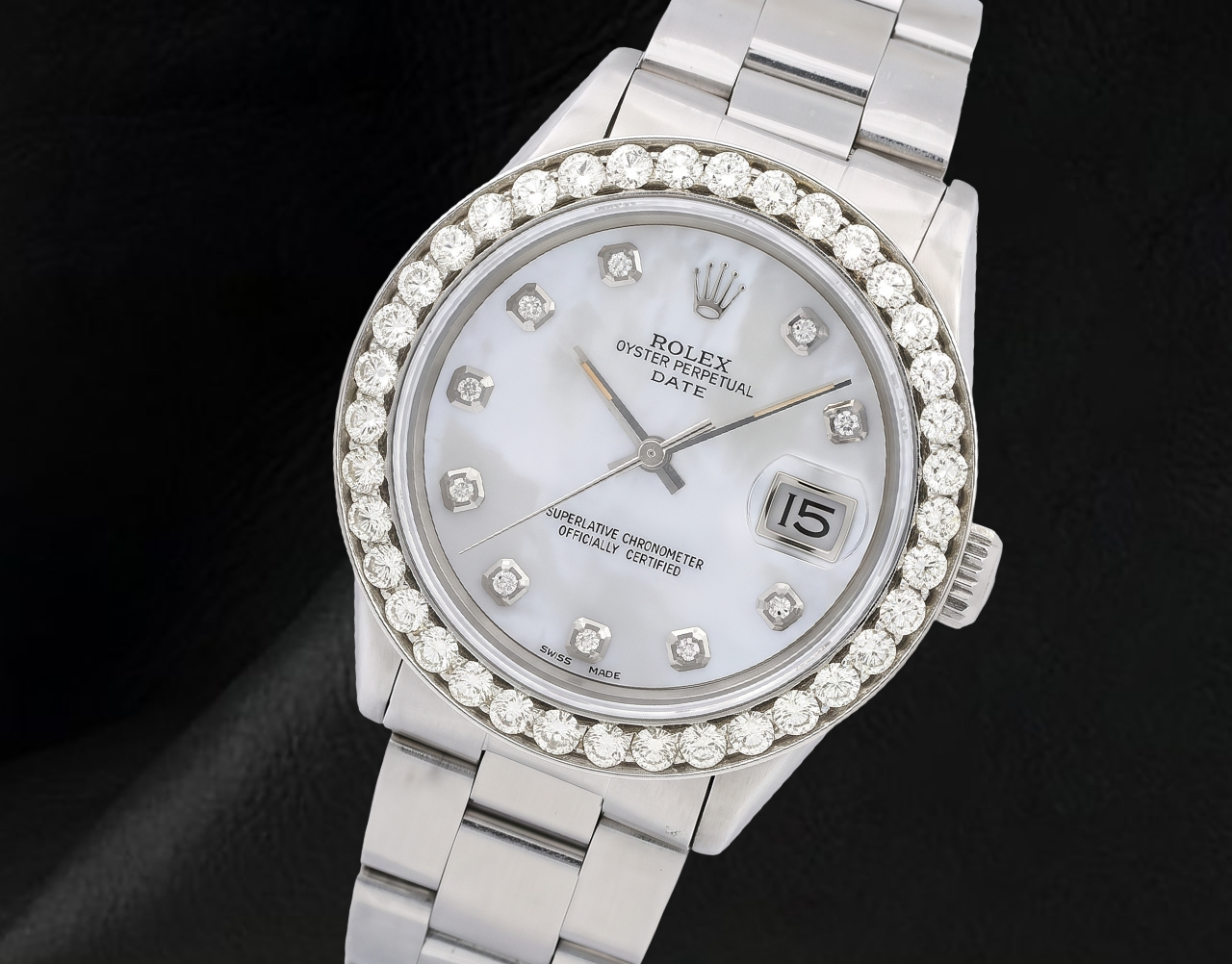 Orologio Rolex 34 mm Bracciale Oyster 1500 Quadrante con Diamanti in Madreperla Bianca