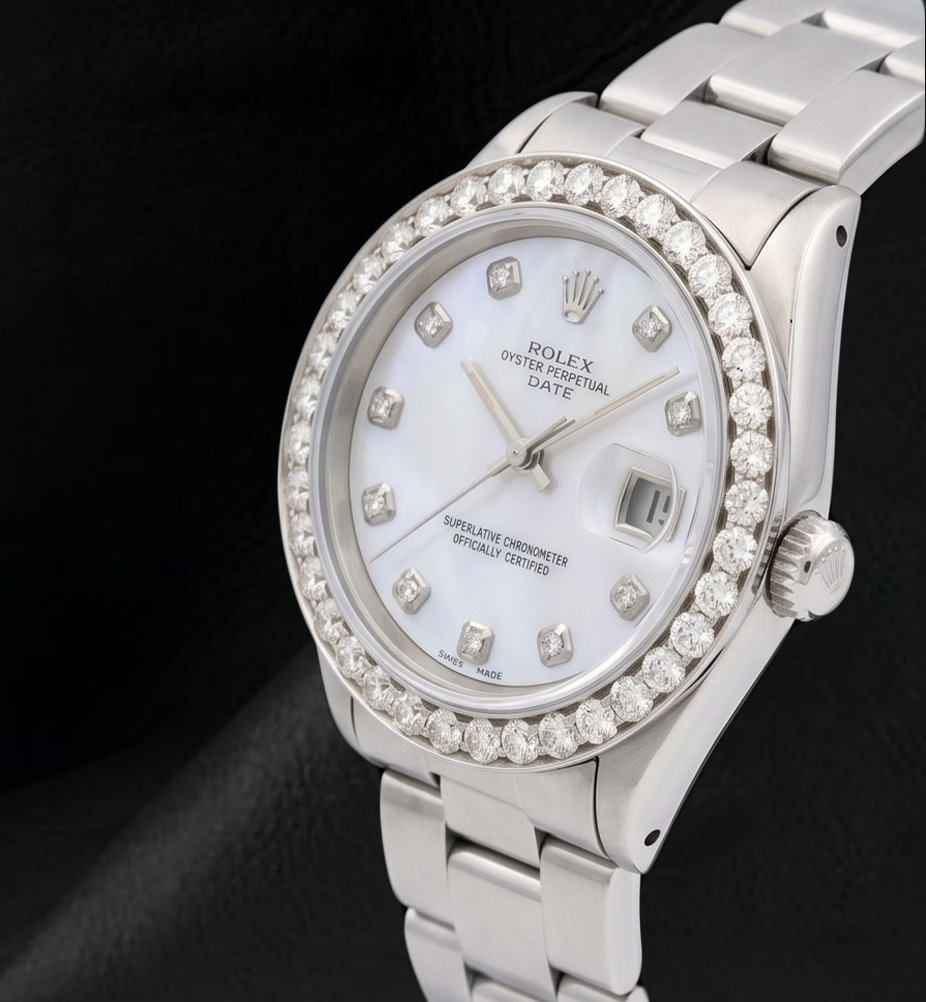 Orologio Rolex 34 mm Bracciale Oyster 1500 Quadrante con Diamanti in Madreperla Bianca