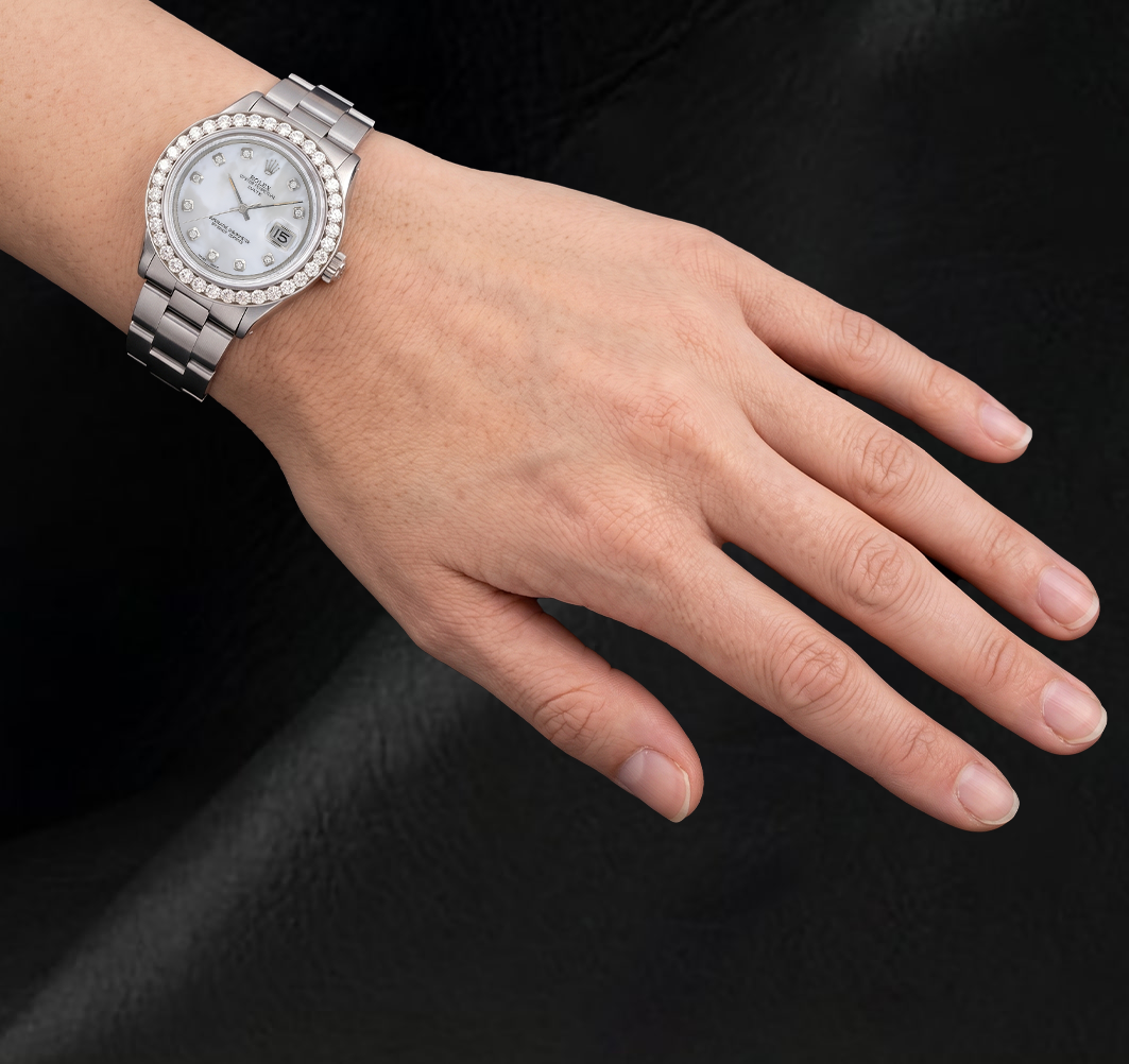 Orologio Rolex 34 mm Bracciale Oyster 1500 Quadrante con Diamanti in Madreperla Bianca