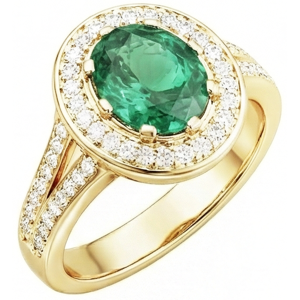 3,5 ct di smeraldo verde taglio ovale con anello di diamanti aureola