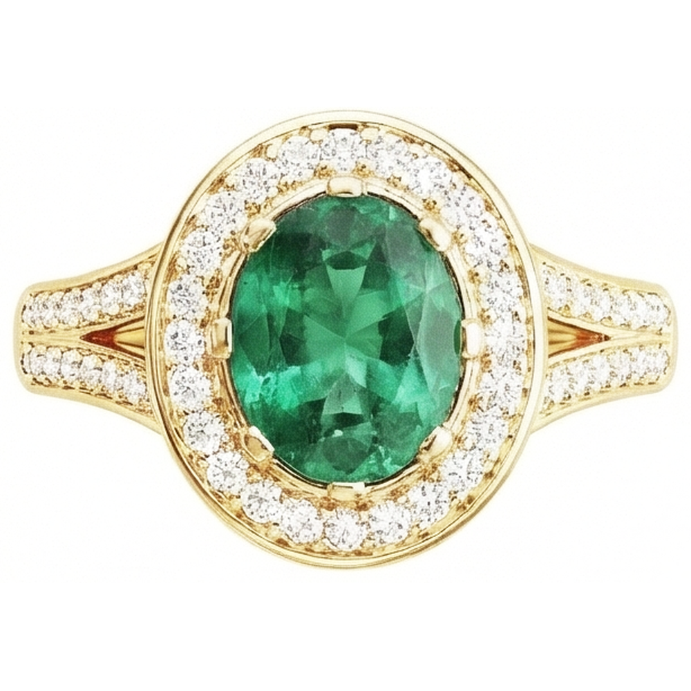 3,5 ct di smeraldo verde taglio ovale con anello di diamanti aureola