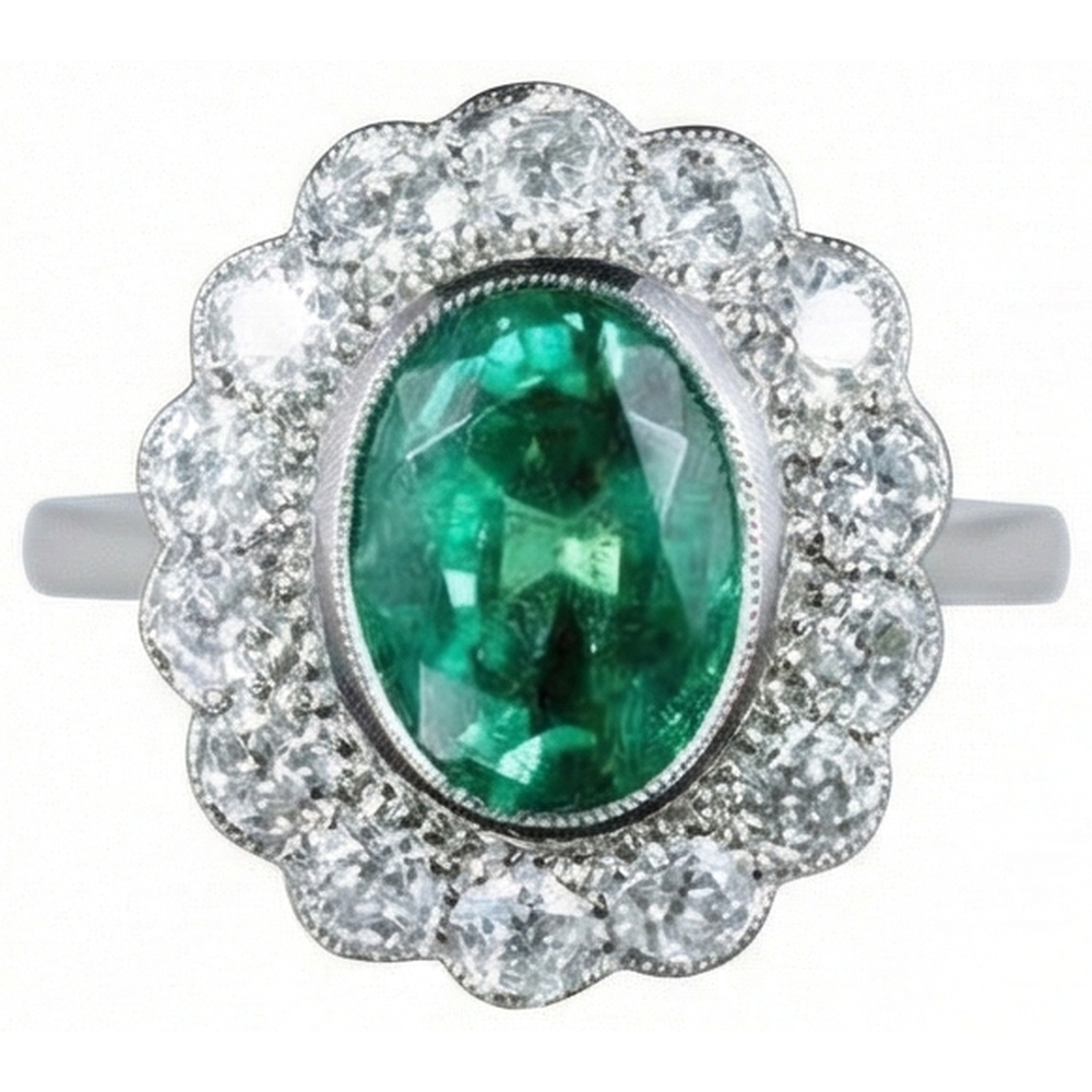 3,75 carati Verde smeraldo ovale con diamante anello di fidanzamento in oro bianco 14k