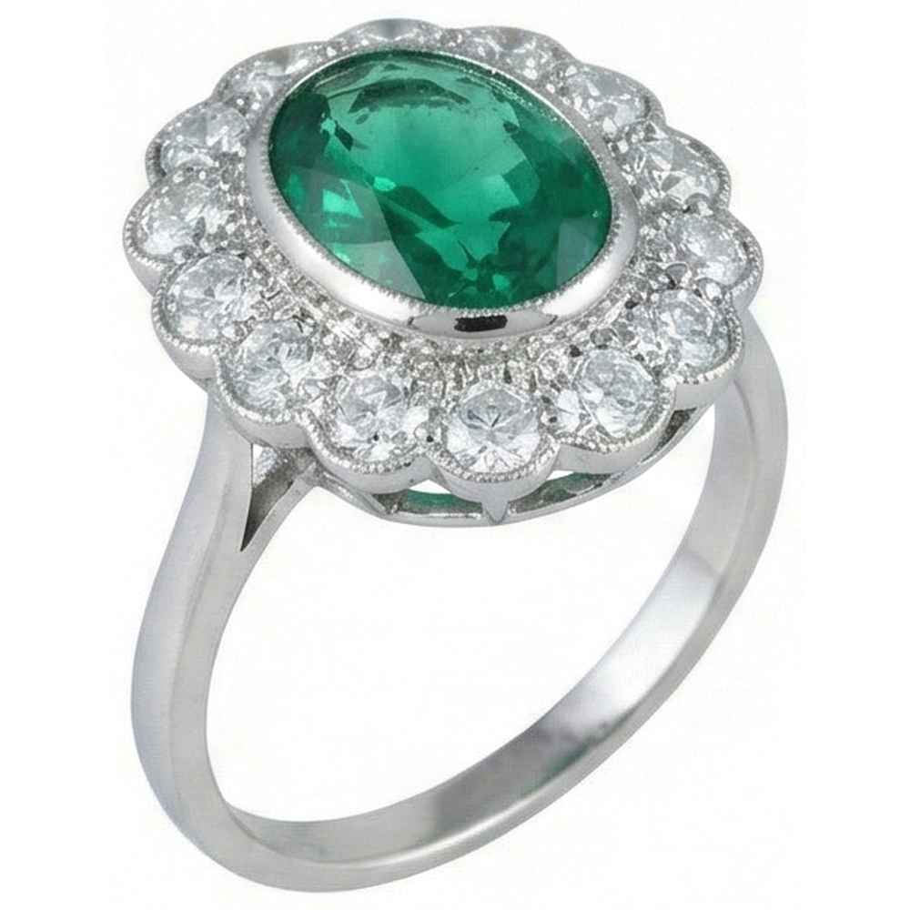 3,75 carati Verde smeraldo ovale con diamante anello di fidanzamento in oro bianco 14k