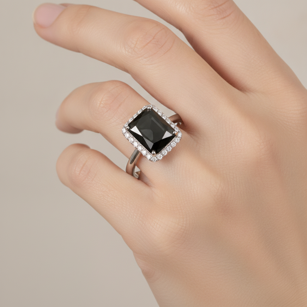 Gioielli con Diamante Nero - Anello Halo Taglio Radiant Autentico da 3,5 Carati in Oro Bianco 14K