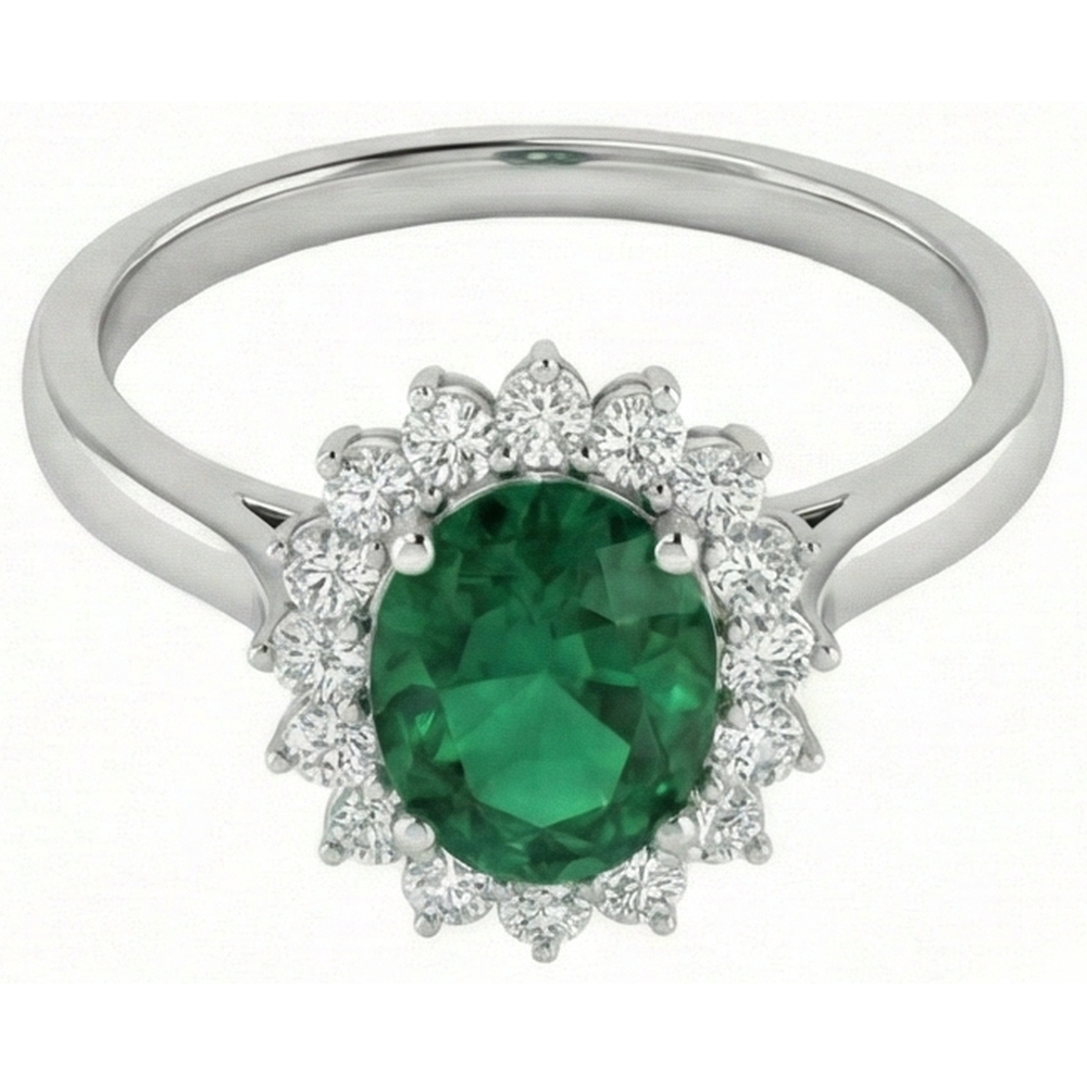 4 ct. Anello Solitario Con Verde Smeraldo Accento E Diamanti Oro Bianco 14K