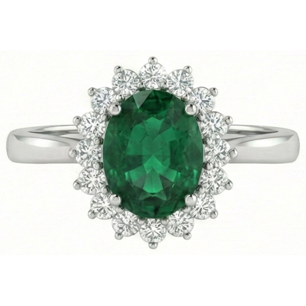 4 ct. Anello Solitario Con Verde Smeraldo Accento E Diamanti Oro Bianco 14K