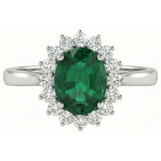 4 ct. Anello Solitario Con Verde Smeraldo Accento E Diamanti Oro Bianco 14K
