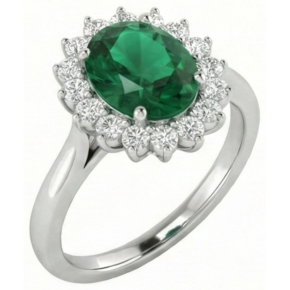 4 ct. Anello Solitario Con Verde Smeraldo Accento E Diamanti Oro Bianco 14K