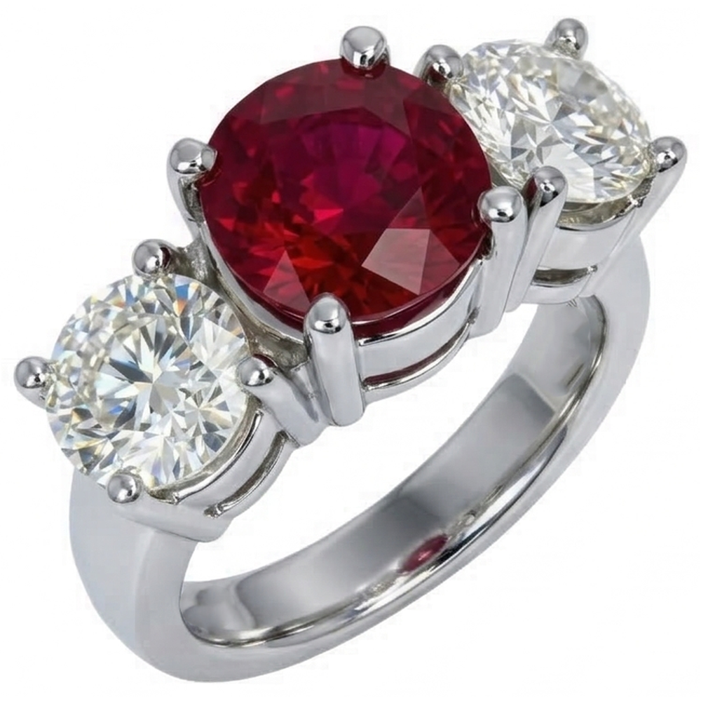4 ct Anello da donna in Oro Bianco con 3 Pietre di Rubini e Rotondo Diamanti