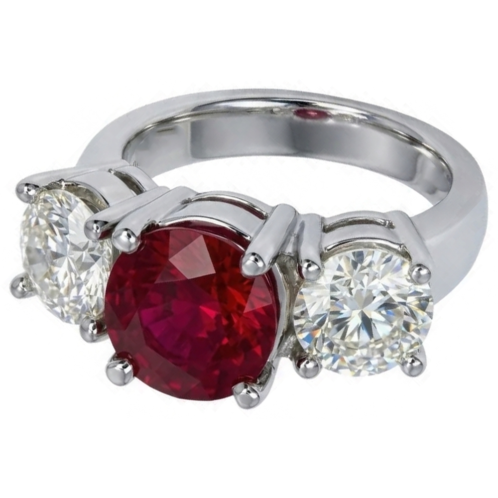 4 ct Anello da donna in Oro Bianco con 3 Pietre di Rubini e Rotondo Diamanti