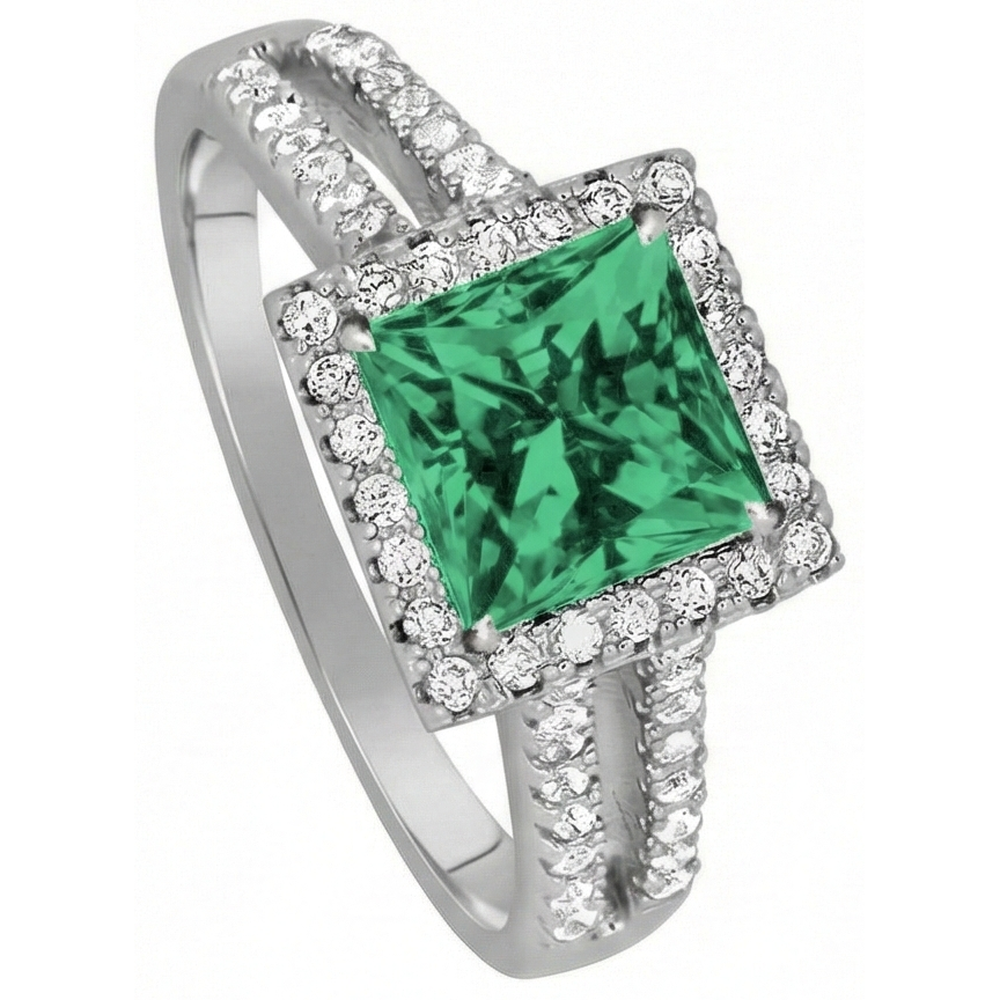 4,75 Ct. Princess Cut verde smeraldo diamante anello WG 14K gioielli