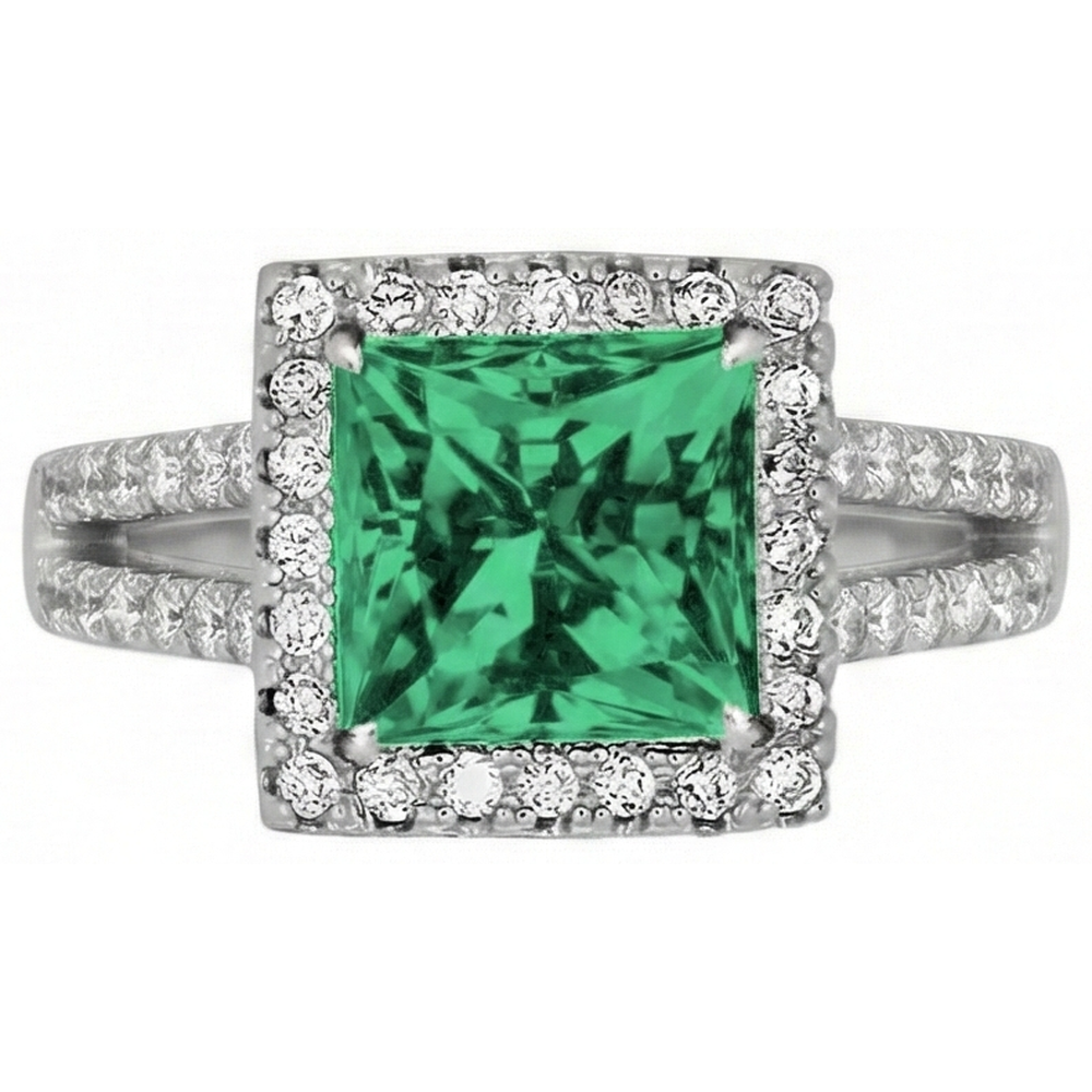 4,75 Ct. Princess Cut verde smeraldo diamante anello WG 14K gioielli