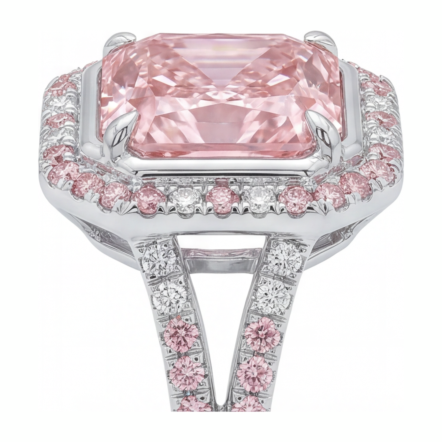 Anello di Fidanzamento Rosa con Diamante Radiant da Laboratorio da 5,5 Carati, Halo e Gambo Sdoppiato in Oro Bianco 14K