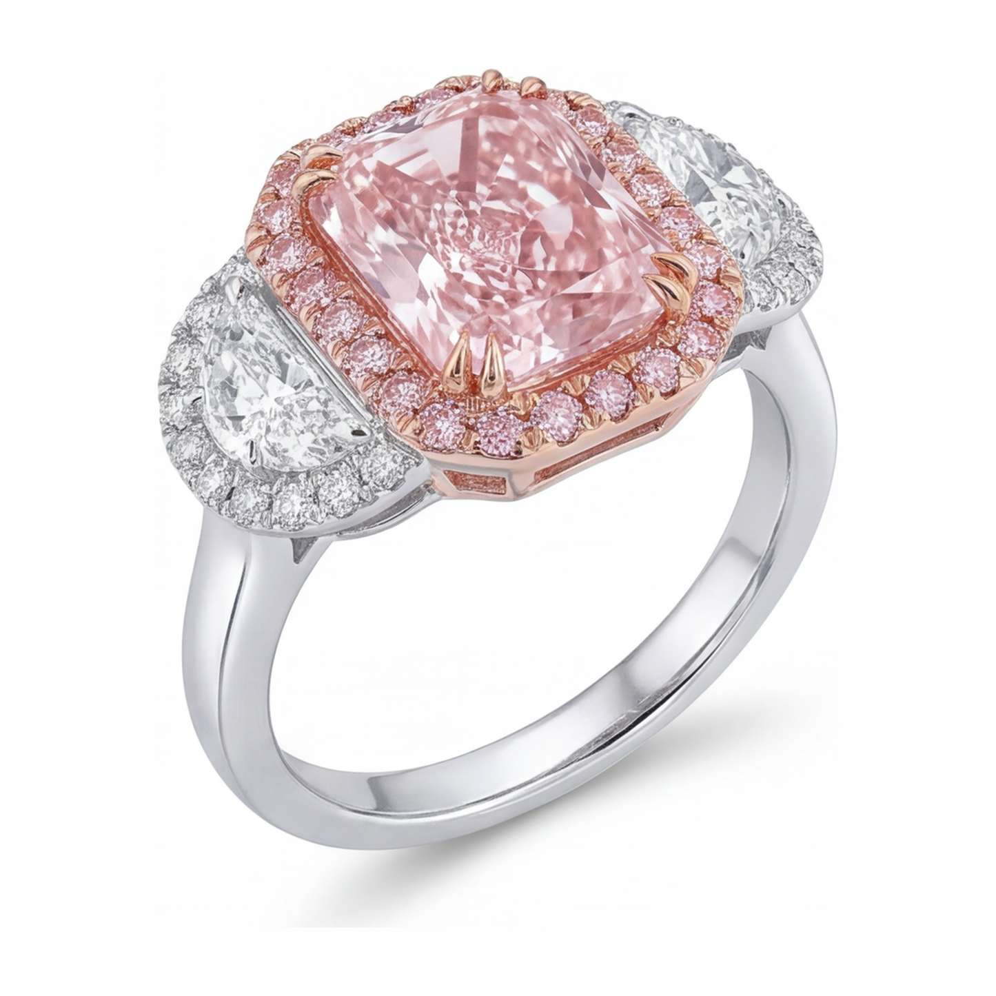 Anello di Fidanzamento con Diamante Rosa da Laboratorio da 5,5 Carati Taglio Radiant Halo a Fascia Liscia in Oro Bianco 14K