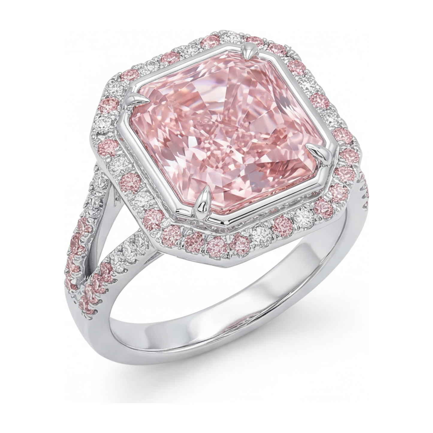 Anello di Fidanzamento Rosa con Diamante Radiant da Laboratorio da 5,5 Carati, Halo e Gambo Sdoppiato in Oro Bianco 14K