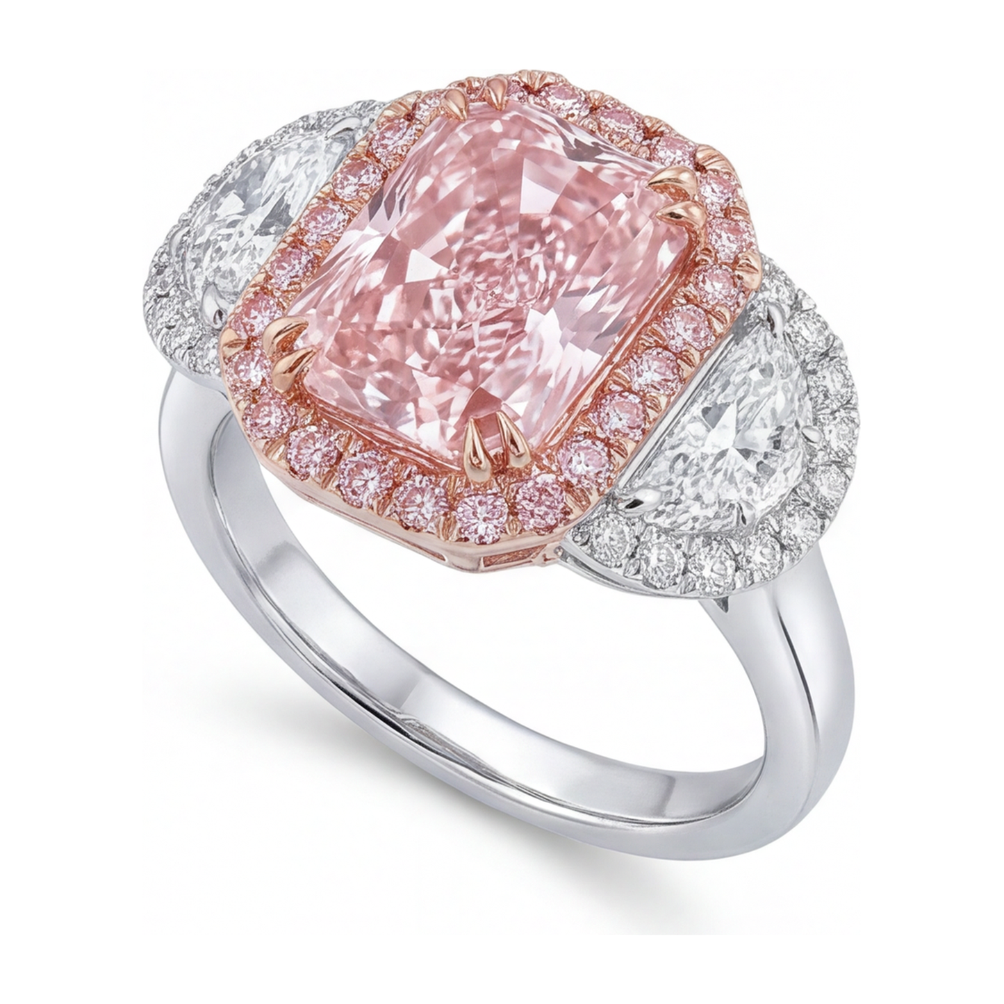 Anello di Fidanzamento con Diamante Rosa da Laboratorio da 5,5 Carati Taglio Radiant Halo a Fascia Liscia in Oro Bianco 14K