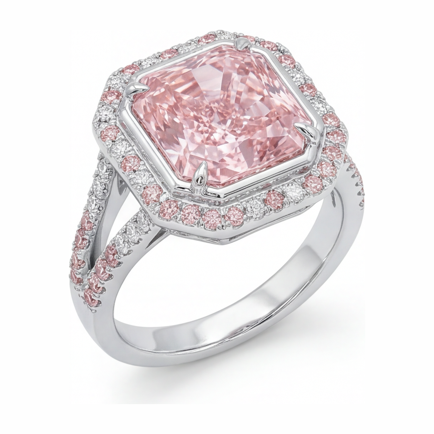 Anello di Fidanzamento Rosa con Diamante Radiant da Laboratorio da 5,5 Carati, Halo e Gambo Sdoppiato in Oro Bianco 14K