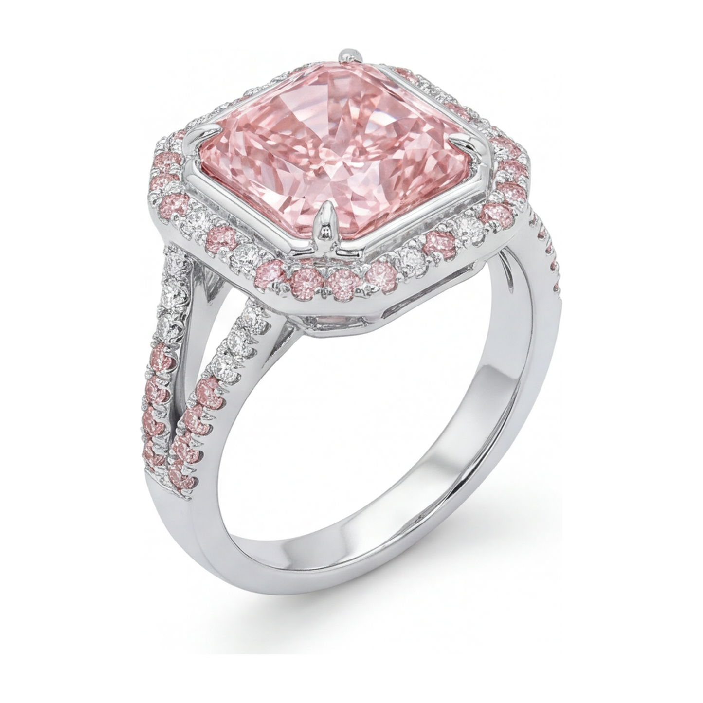 Anello di Fidanzamento Rosa con Diamante Radiant da Laboratorio da 5,5 Carati, Halo e Gambo Sdoppiato in Oro Bianco 14K