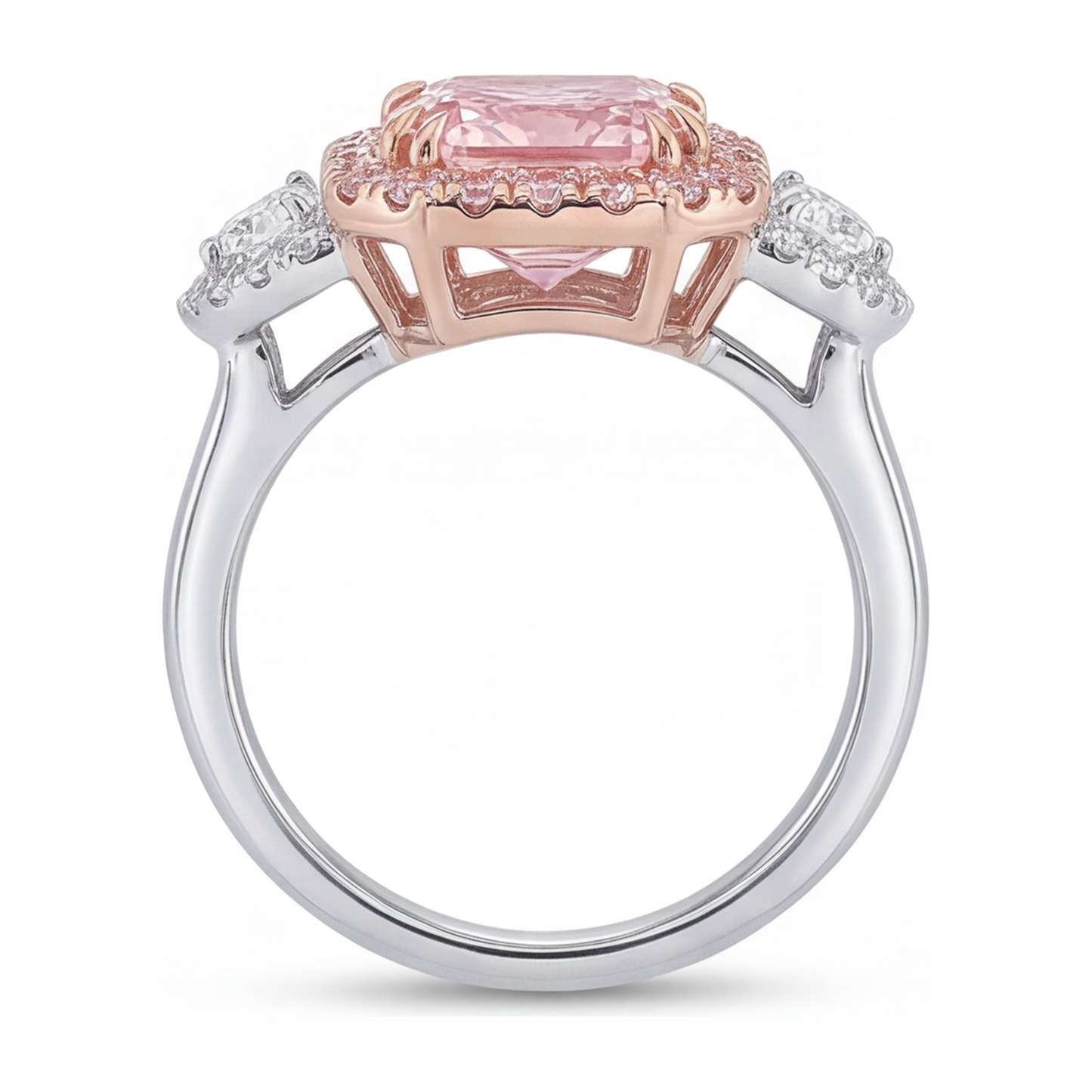 Anello di Fidanzamento con Diamante Rosa da Laboratorio da 5,5 Carati Taglio Radiant Halo a Fascia Liscia in Oro Bianco 14K