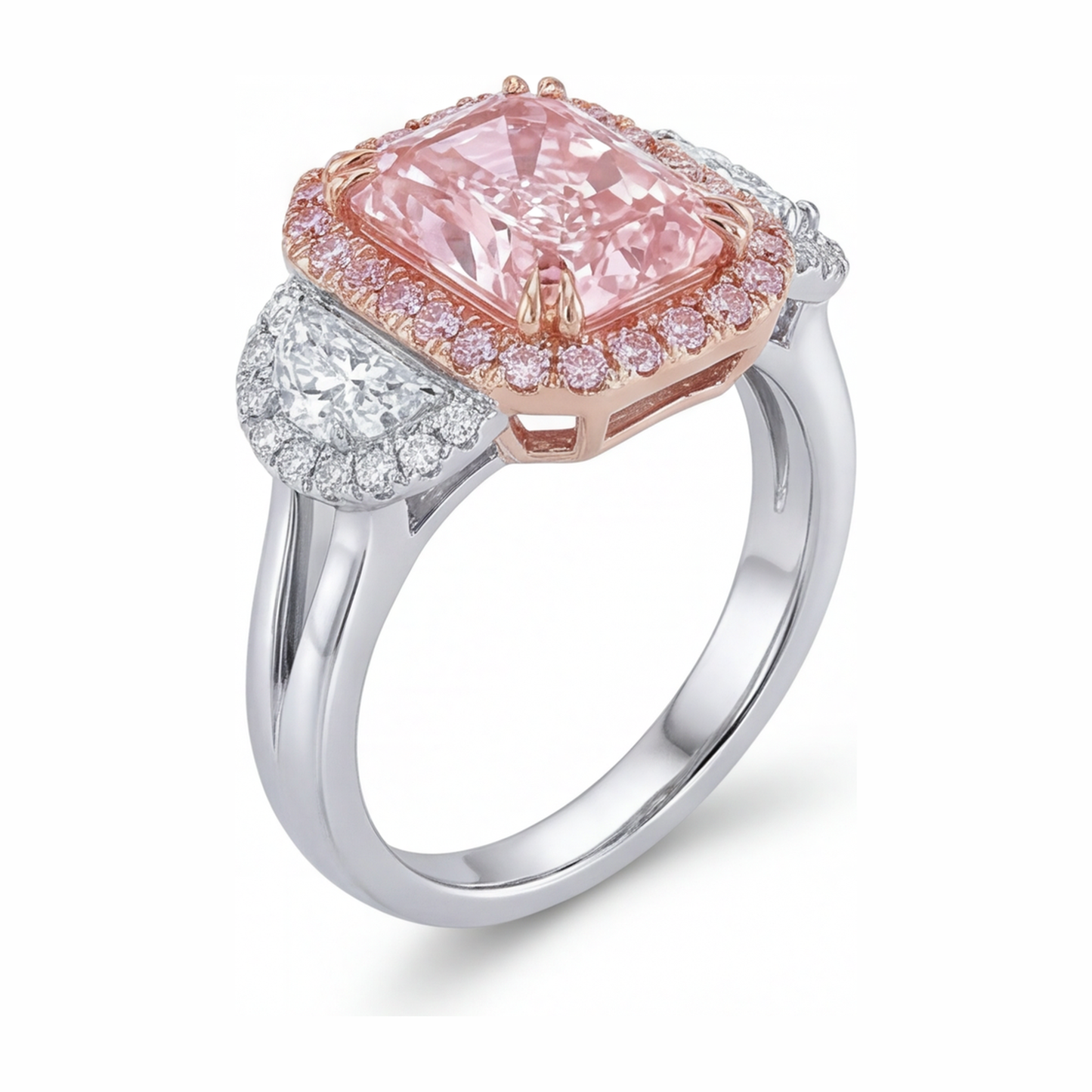 Anello di Fidanzamento con Diamante Rosa da Laboratorio da 5,5 Carati Taglio Radiant Halo a Fascia Liscia in Oro Bianco 14K