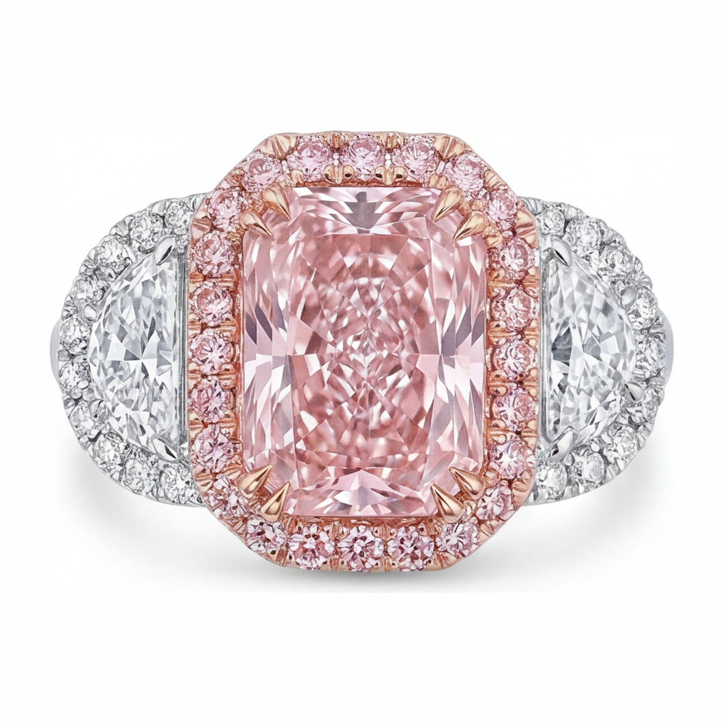 Anello di Fidanzamento con Diamante Rosa da Laboratorio da 5,5 Carati Taglio Radiant Halo a Fascia Liscia in Oro Bianco 14K