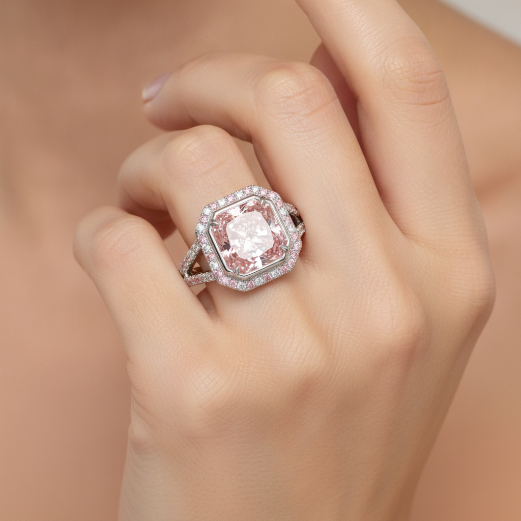 Anello di Fidanzamento Rosa con Diamante Radiant da Laboratorio da 5,5 Carati, Halo e Gambo Sdoppiato in Oro Bianco 14K