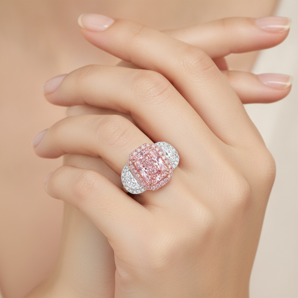 Anello di Fidanzamento con Diamante Rosa da Laboratorio da 5,5 Carati Taglio Radiant Halo a Fascia Liscia in Oro Bianco 14K