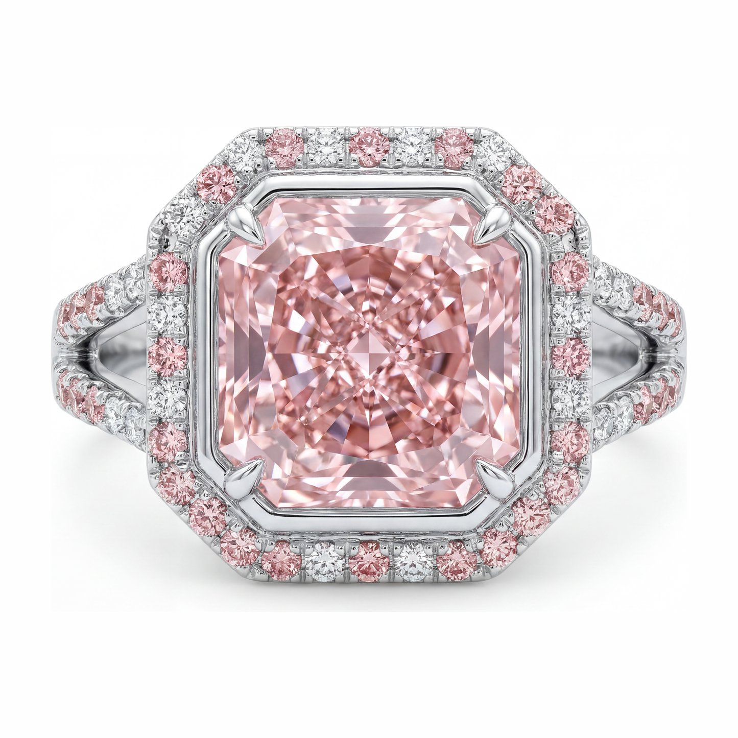 Anello di Fidanzamento Rosa con Diamante Radiant da Laboratorio da 5,5 Carati, Halo e Gambo Sdoppiato in Oro Bianco 14K