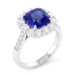 5.50 carati Halo Cushion Anello con zaffiro blu intenso e gioielli con diamanti