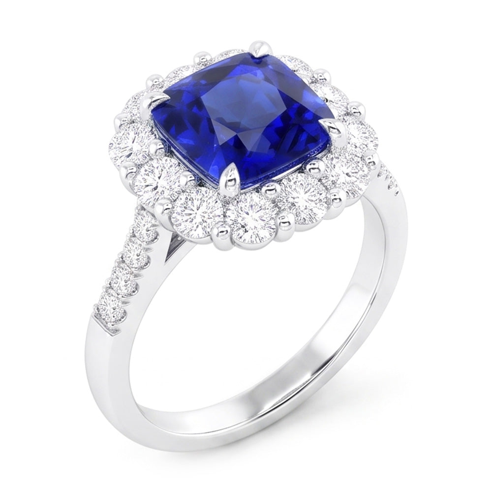 5.50 carati Halo Cushion Anello con zaffiro blu intenso e gioielli con diamanti