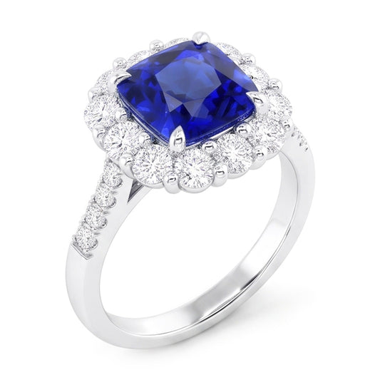 5.50 carati Halo Cushion Anello con zaffiro blu intenso e gioielli con diamanti