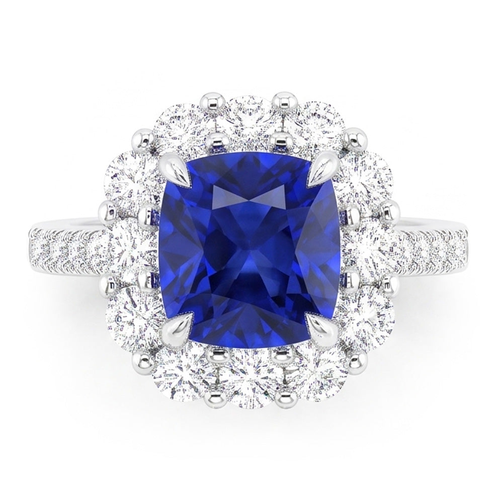 5.50 carati Halo Cushion Anello con zaffiro blu intenso e gioielli con diamanti