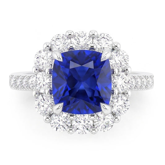 5.50 carati Halo Cushion Anello con zaffiro blu intenso e gioielli con diamanti