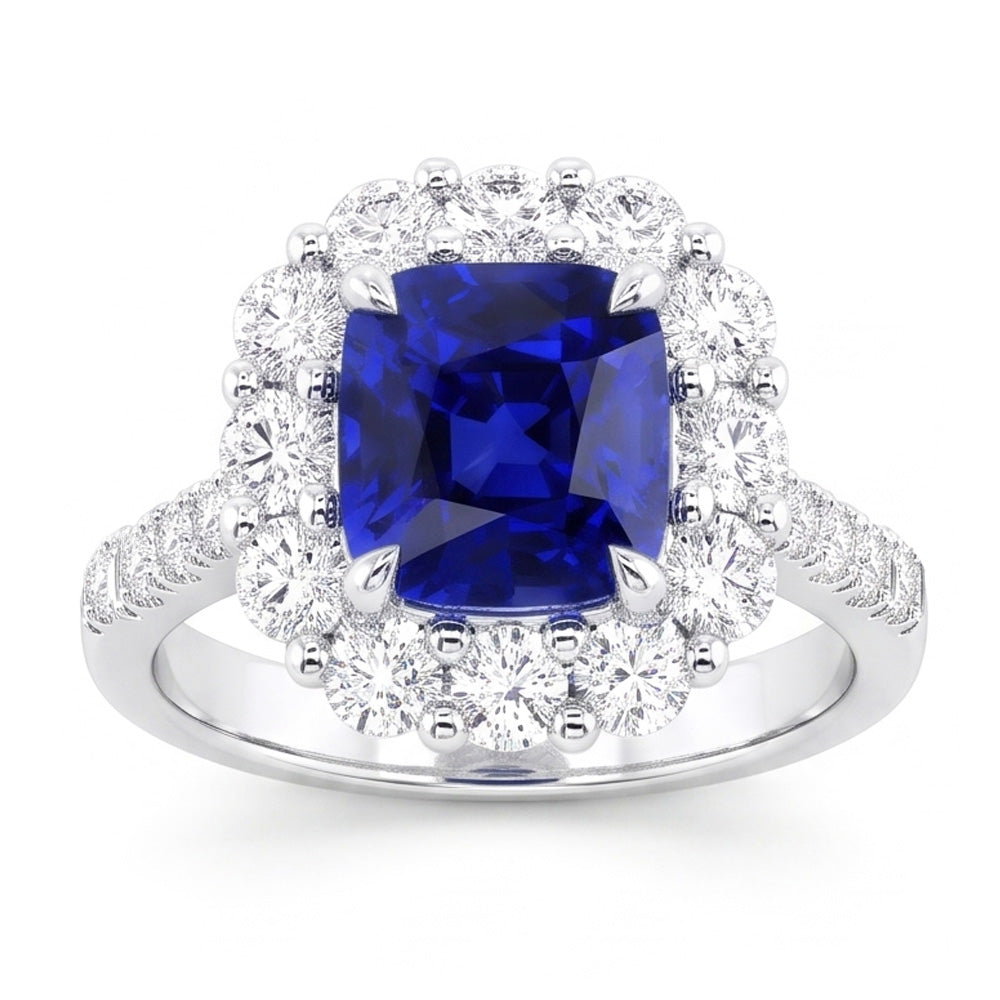 5.50 carati Halo Cushion Anello con zaffiro blu intenso e gioielli con diamanti