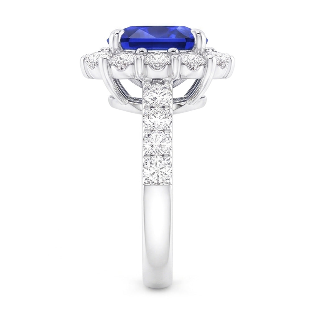 5.50 carati Halo Cushion Anello con zaffiro blu intenso e gioielli con diamanti