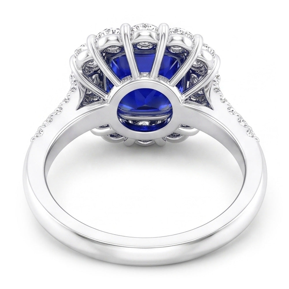 5.50 carati Halo Cushion Anello con zaffiro blu intenso e gioielli con diamanti